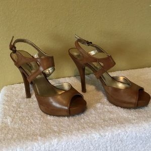 Tan 5” High Heeled Dress Shoe/Sandals. Size 6.